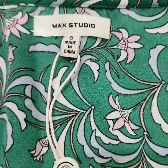 Max Studio Women's Floral Print Tie Front Ruffled Top Green Size Small - Picture 3 of 8